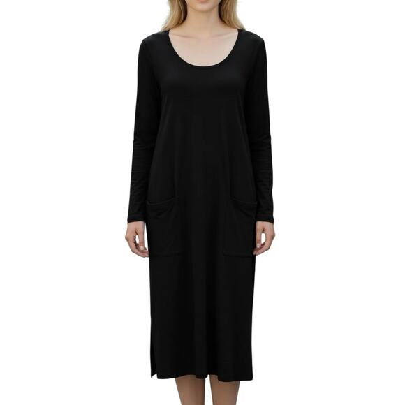Pact Organic Cotton Black Midi Dress Long Sleeve Pockets Scoop Neck Size Large - Picture 1 of 6